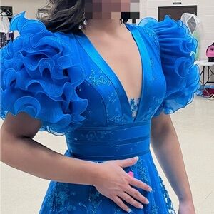 Johnathan Kayne Blue Prom Gown with Puff Cap Sleeves
